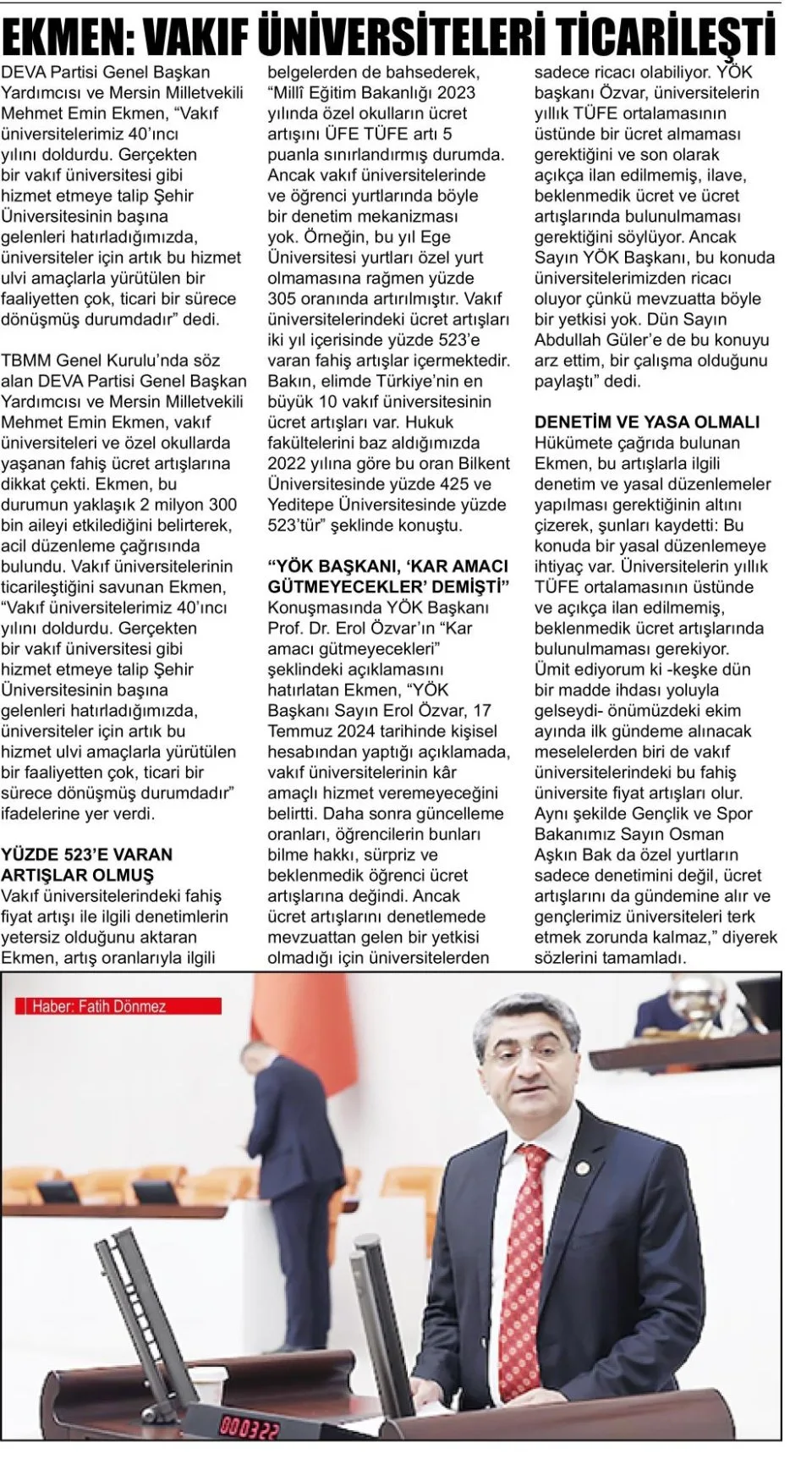 EKMEN: VAKIF ÜNİVERSİTELERİ TİCARİLEŞTİ — gazete kupürü