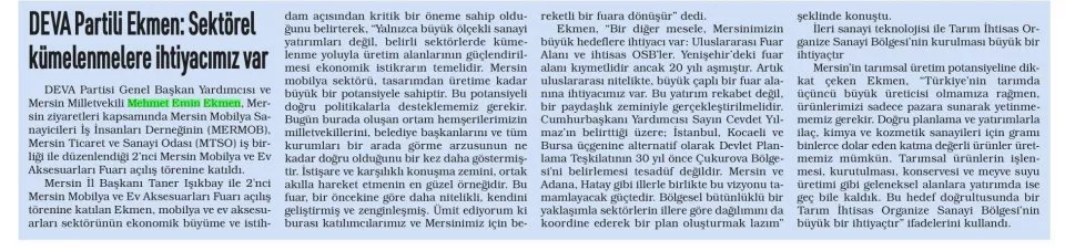 DEVA PARTİLİ EKMEN : SEKTÖREL KÜMELENMELERE İHTİYACIMIZ VAR — gazete kupürü