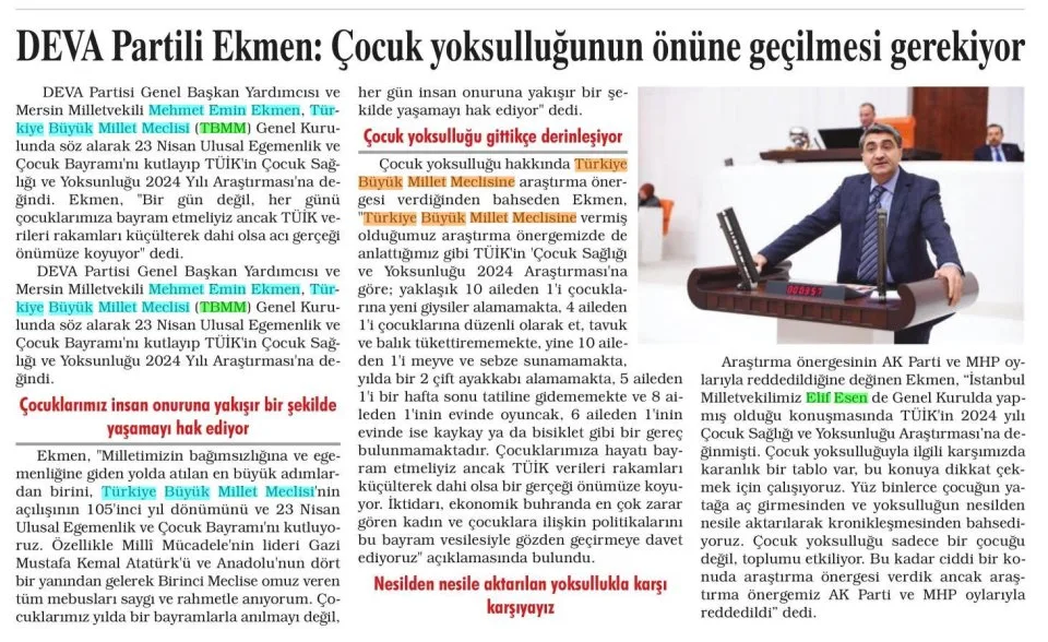 DEVA PARTİLİ EKMEN: ÇOCUK YOKSULLUĞUNUN ÖNÜNE GEÇİLMESİ GEREKİYOR — gazete kupürü
