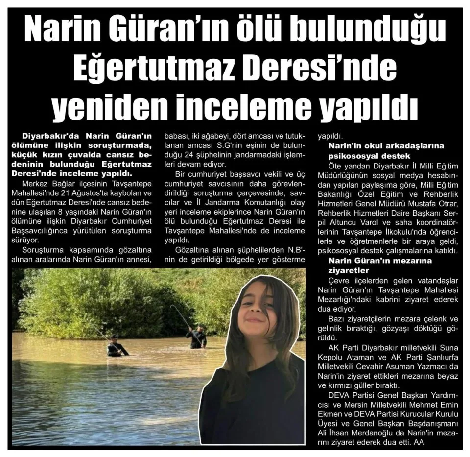 NARİN GÜRAN'IN ÖLÜ BULUNDUĞU EĞERTUTMAZ DERESİ'NDE YENİDEN İNCELEME YAPILDI — gazete kupürü