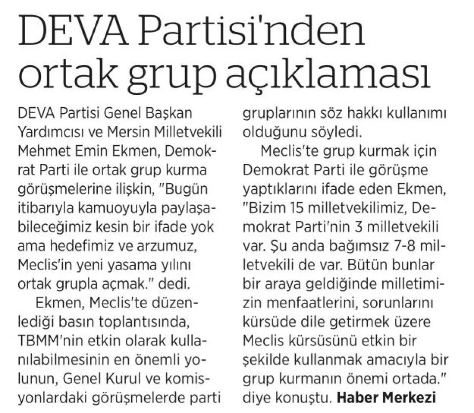 DEVA PARTİSİ'NDEN ORTAK GRUP AÇIKLAMASI — gazete kupürü