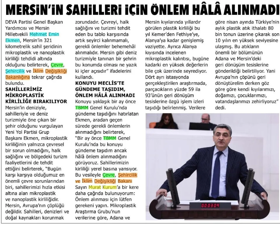 MERSİN'İN SAHİLLERİ İÇİN ÖNLEM HÂLÂ ALINMADI — gazete kupürü