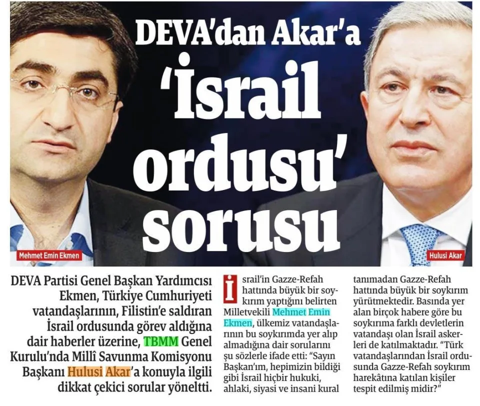 DEVA'DAN AKAR'A İSRAİL ORDUSU SORUSU — gazete kupürü
