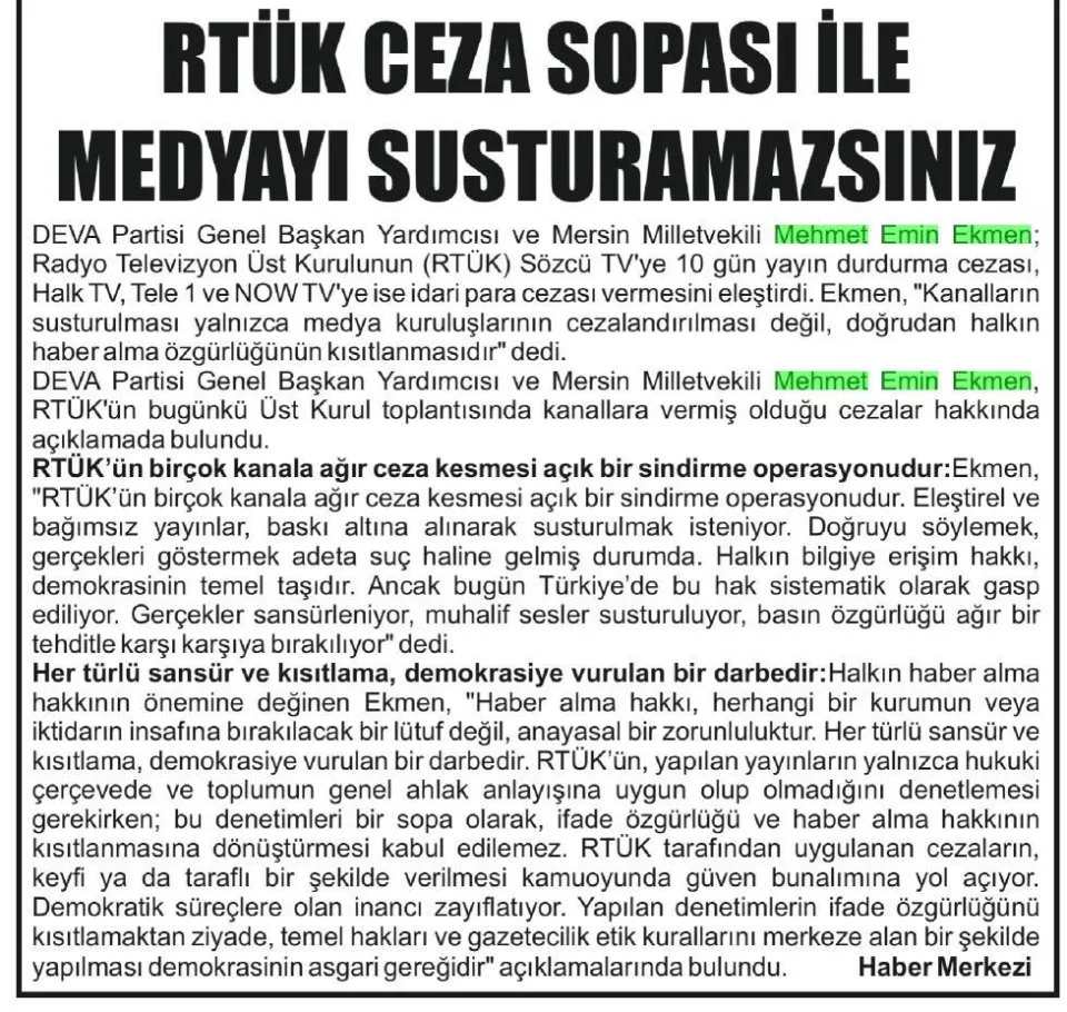 RTÜK CEZA SOPASI İLE MEDYAYI SUSTURAMAZSINIZ — gazete kupürü