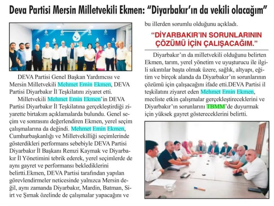 DEVA PARTİSİ MERSİN MİLLETVEKİLİ EKMEN:DİYARBAKIR'IN DA VEKİLİ OLACAĞIM — gazete kupürü