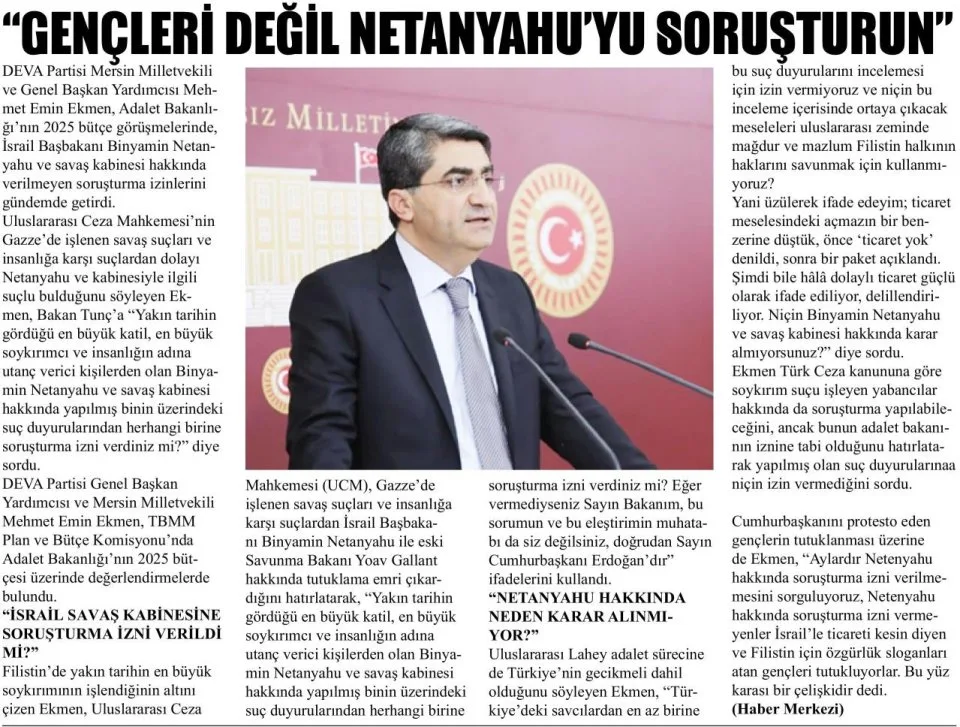 GENÇLERİ DEĞİL NETANYAHU YU SORUŞTURUN — gazete kupürü