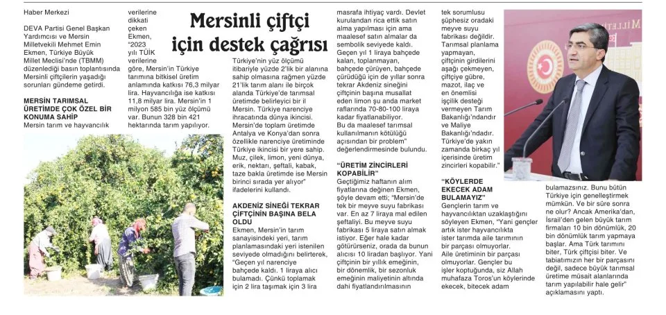 MERSİNLİ ÇİFTÇİ İÇİN DESTEK ÇAĞRISI — gazete kupürü