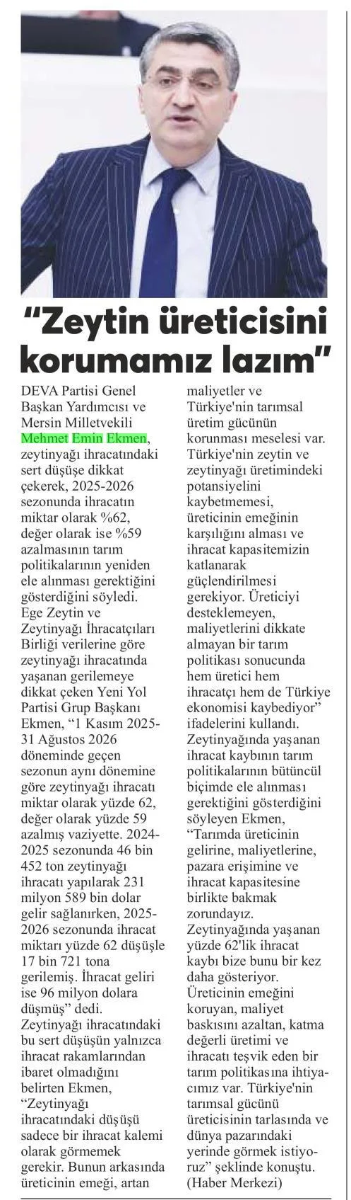 'ZEYTİN ÜRETİCİSİNİ KORUMALIYIZ' — gazete kupürü (2. parça)