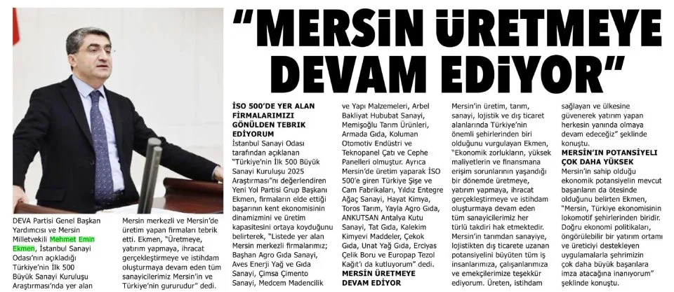 "MERSİN ÜRETMEYE DEVAM EDİYOR" — gazete kupürü