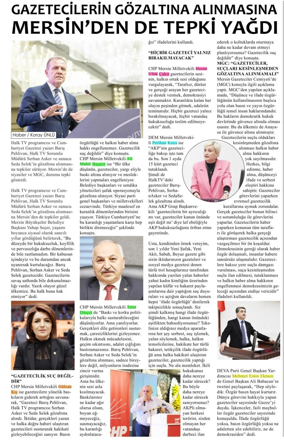 GAZETECİLERİN GÖZALTINA ALINMASINA MERSİN'DEN DE TEPKİ YAĞDI — gazete kupürü