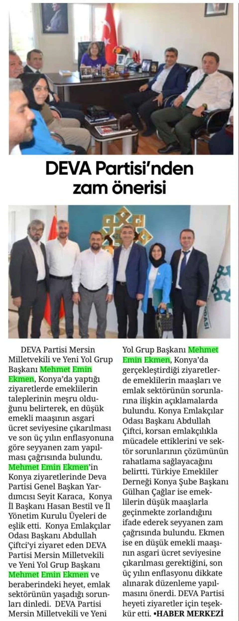 DEVA PARTİSİ'NDEN ZAM ÖNERİSİ — gazete kupürü