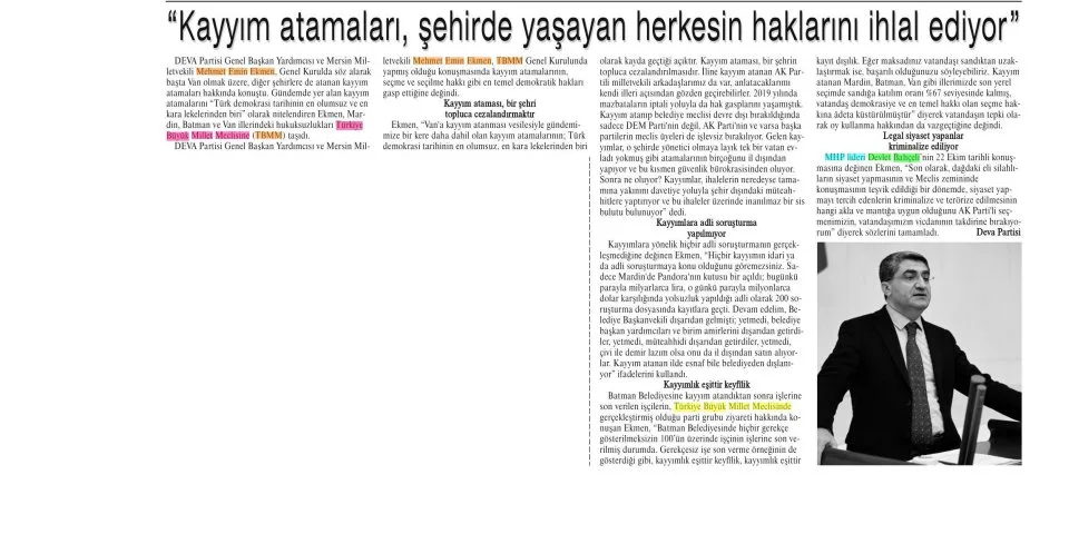 "KAYYIM ATAMALARI, ŞEHİRDE YAŞAYAN HERKESİN HAKLARINI İHLAL EDİYOR" — gazete kupürü