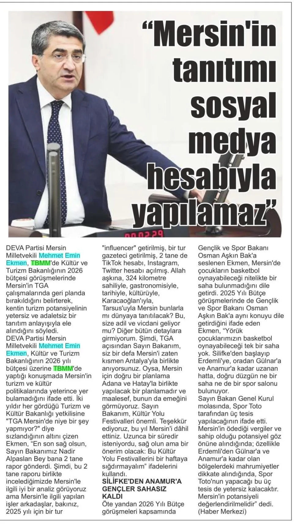 MERSİN TANITILAMIYOR — gazete kupürü