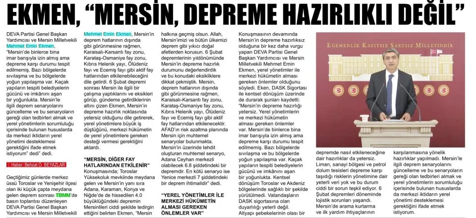 EKMEN, "MERSİN, DEPREME HAZIRLIKLI DEĞİL" — gazete kupürü