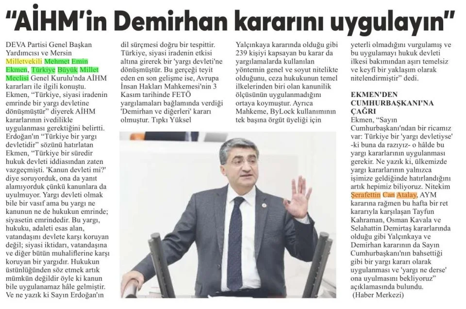 "AIHM'İN DEMİRHAN KARARINI UYGULAYIN" — gazete kupürü