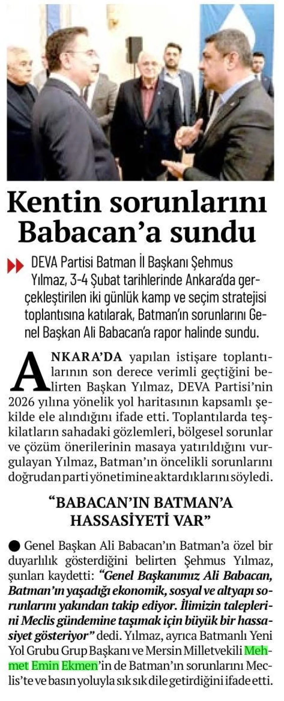 KENTİN SORUNLARINI BABACAN'A SUNDU — gazete kupürü