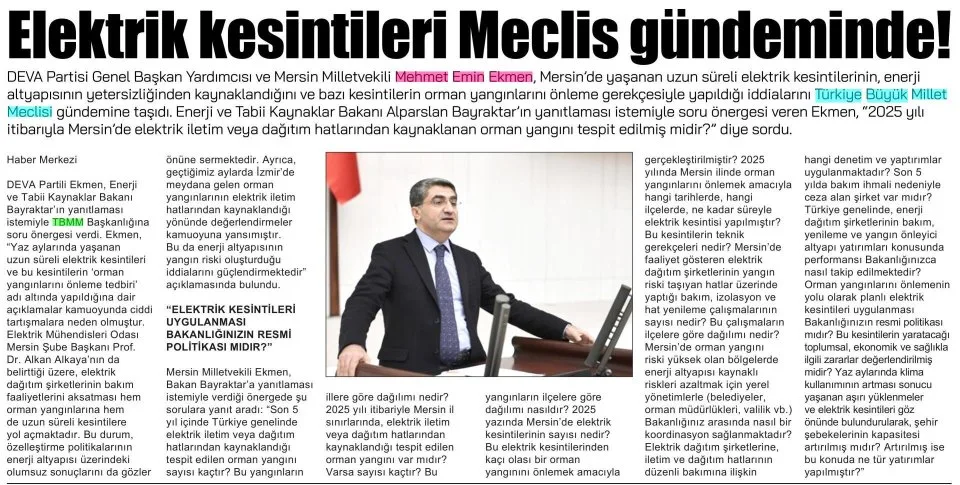 ELEKTRİK KESİNTİLERİ MECLİS GÜNDEMİNDE! — gazete kupürü
