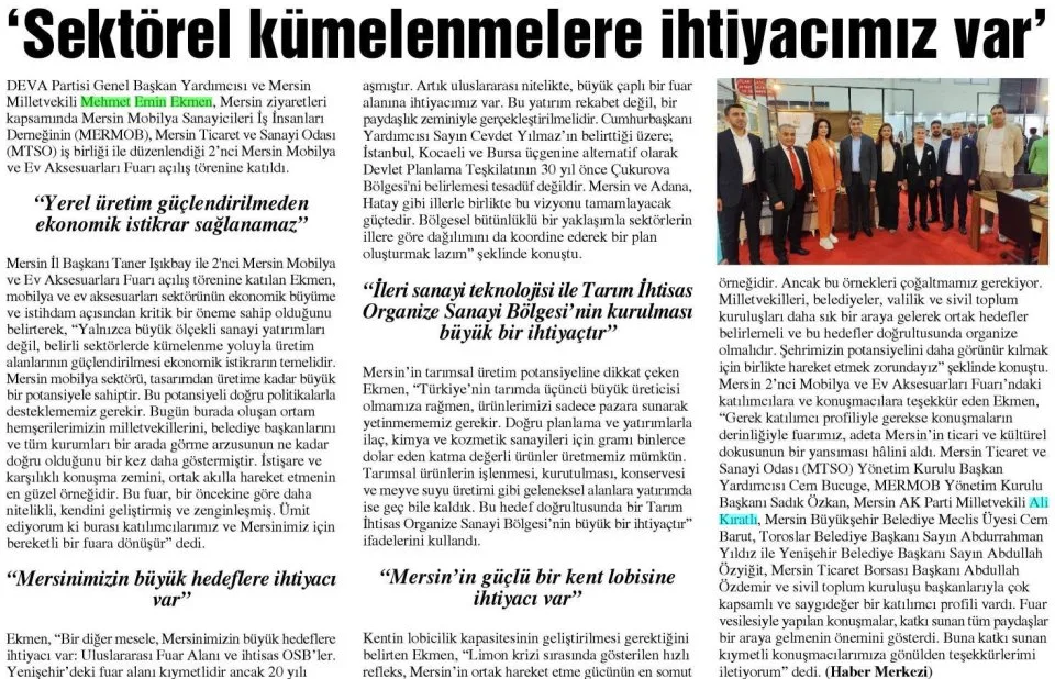 'SEKTÖREL KÜMELENMELERE İHTİYACIMIZ VAR' — gazete kupürü