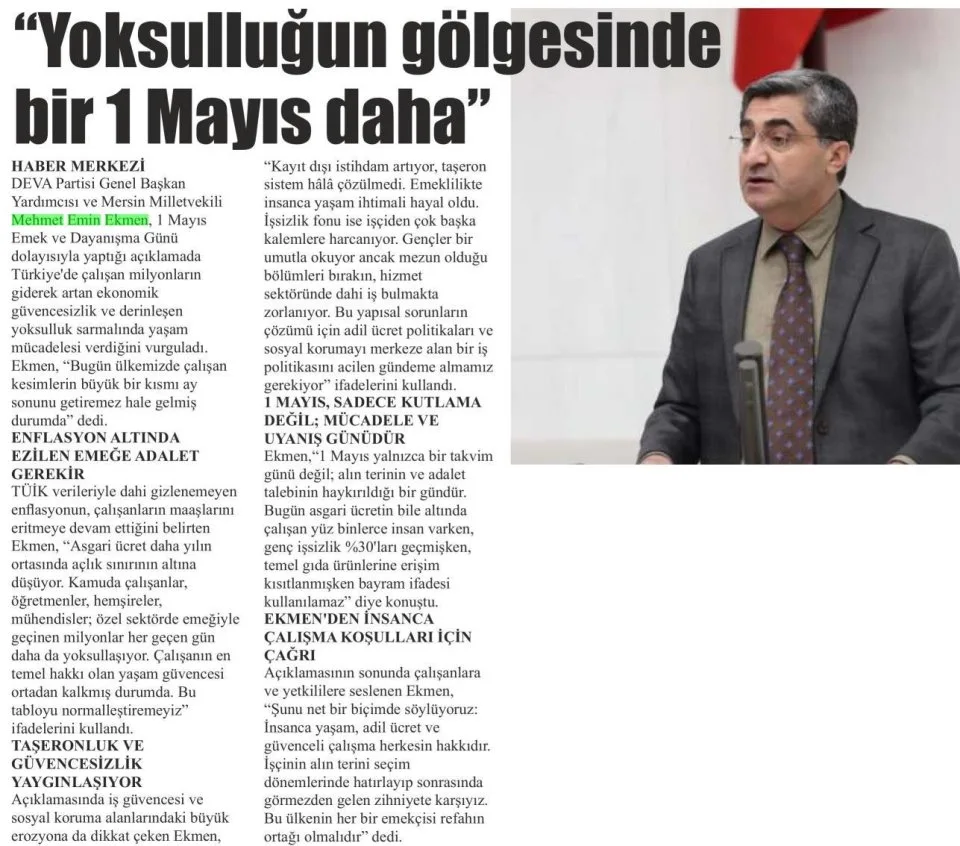 "YOKSULLUĞUN GÖLGESİNDE BİR 1 MAYIS DAHA" — gazete kupürü