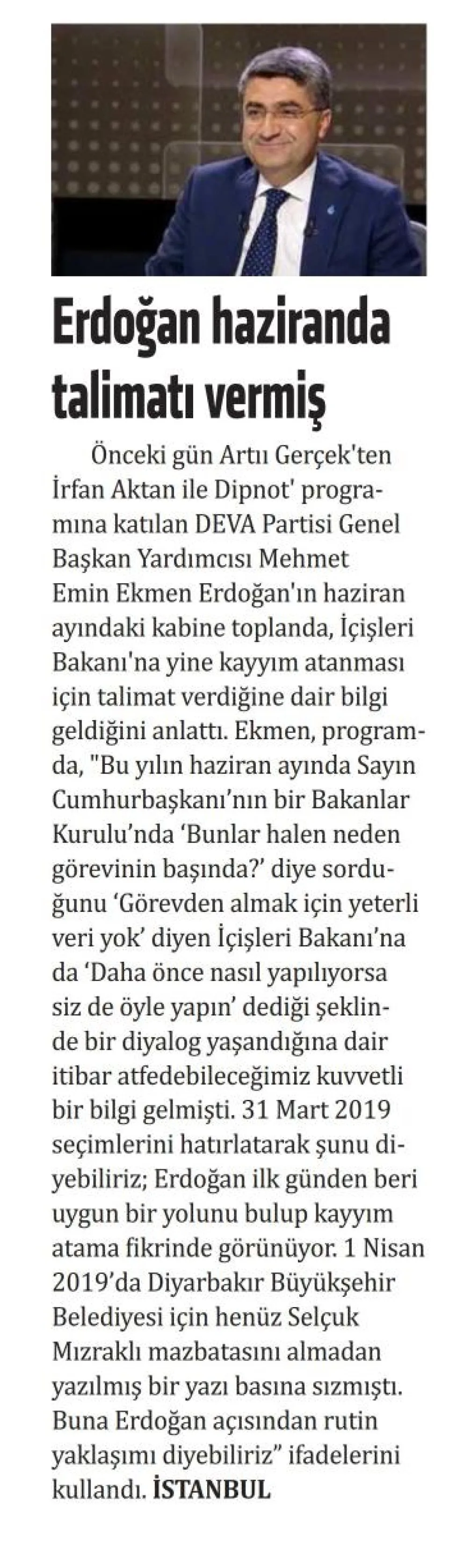 ERDOĞAN HAZİRANDA TALİMATI VERMİŞ — gazete kupürü