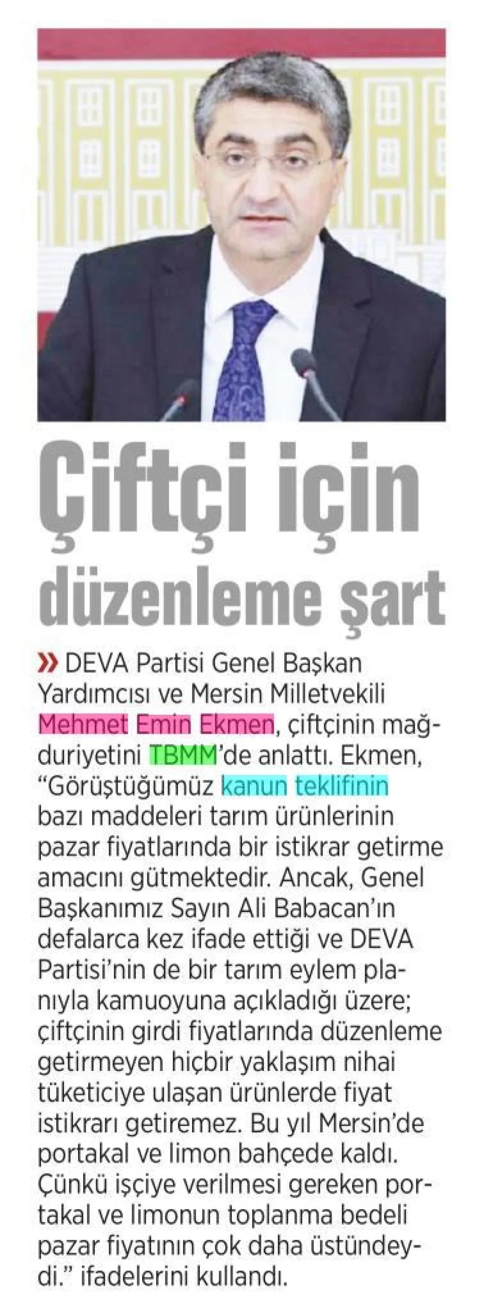 ÇİFTÇİ İÇİN DÜZENLEME ŞART — gazete kupürü