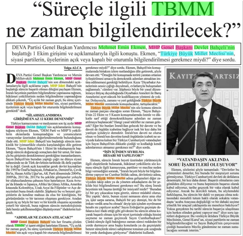 "SÜREÇLE İLGİLİ TBMM NE ZAMAN BİLGİLENDİRİLECEK — gazete kupürü