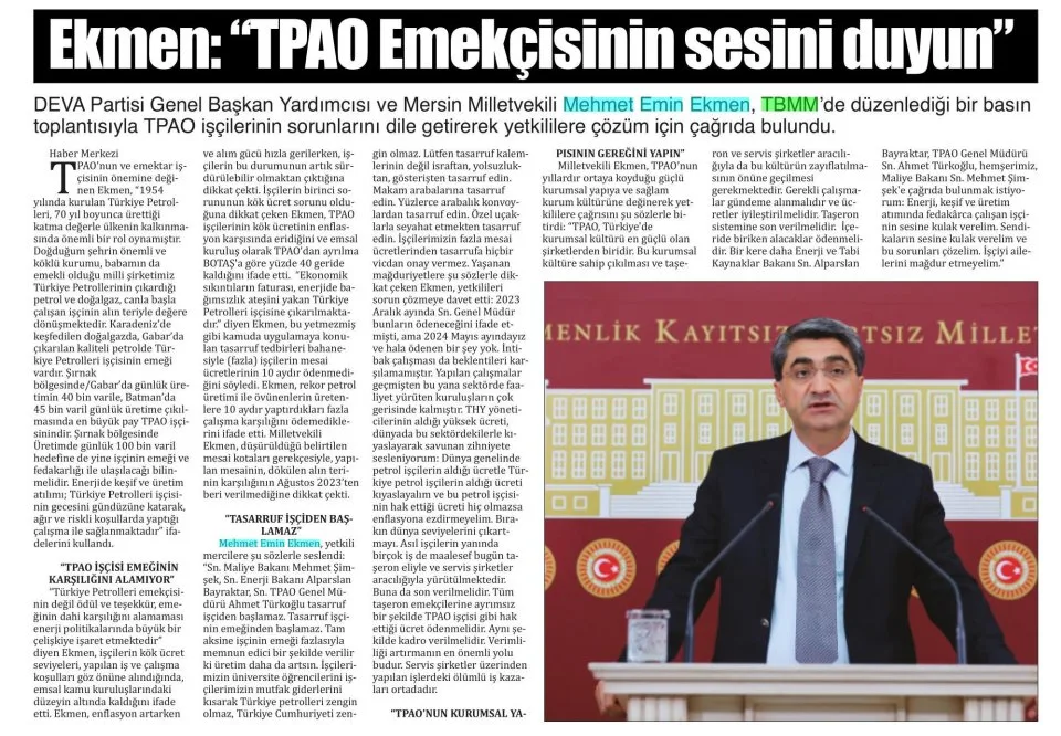 EKMEN: TPAO EMEKÇİSİNİN SESİNİ DUYUN — gazete kupürü