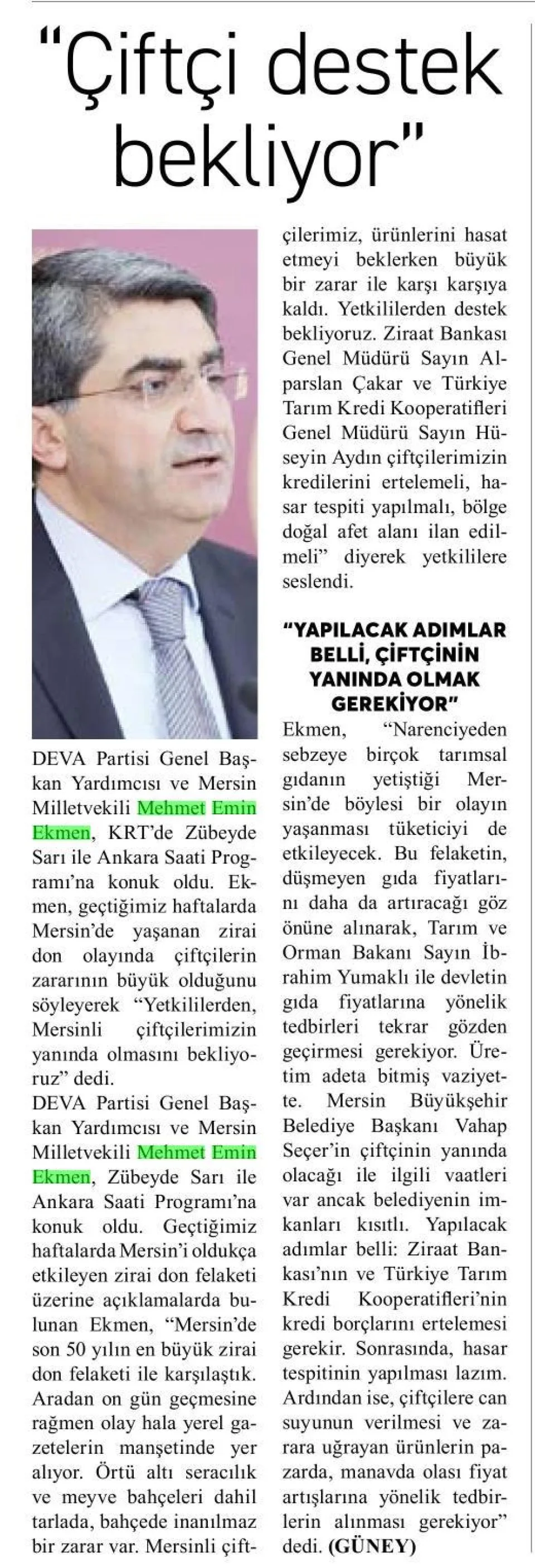 "MERSİNLİ ÇİFTÇİLER DESTEK BEKLİYOR" — gazete kupürü
