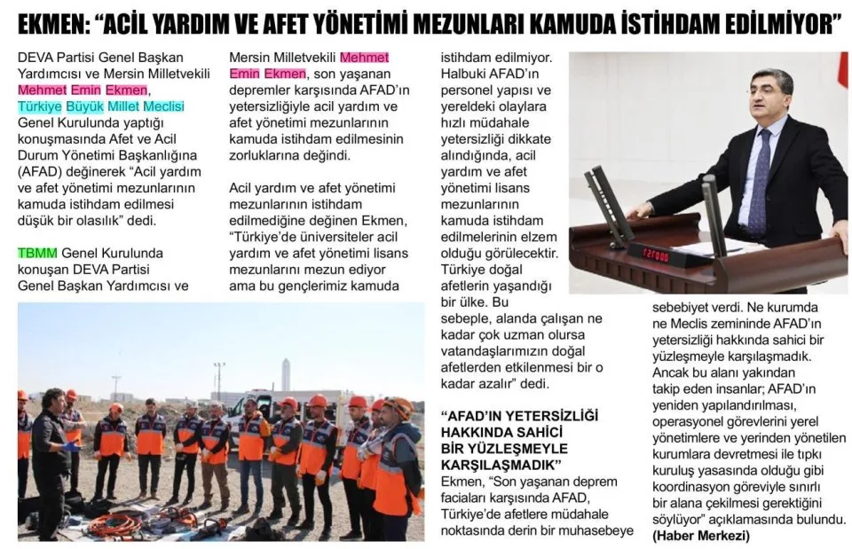 EKMEN: "ACİL YARDIM VE AFET YÖNETİMİ MEZUNLARI KAMUDA İSTİHDAM EDİLMİYOR" — gazete kupürü