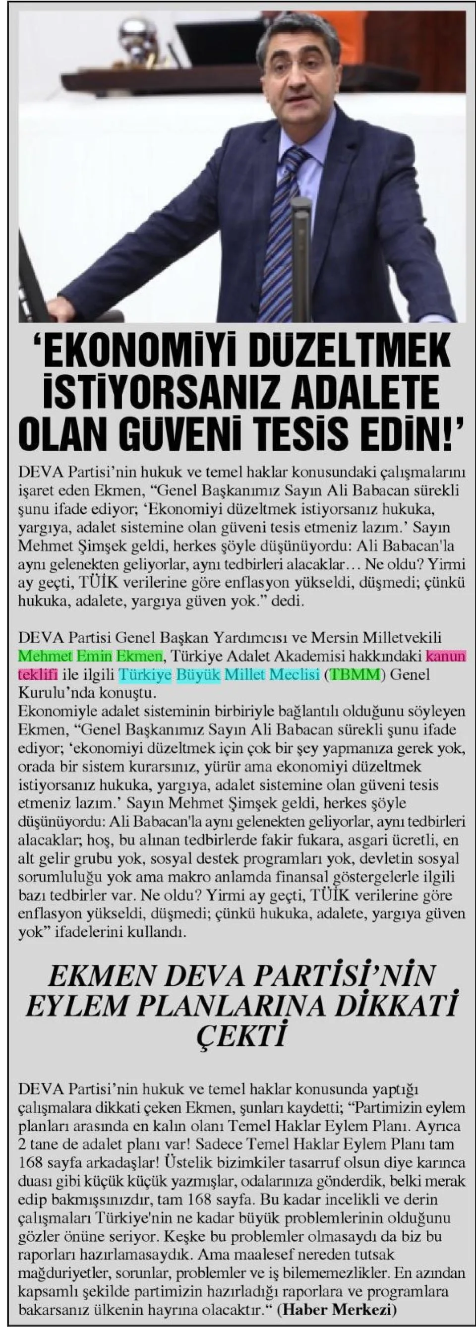 'EKONOMİYİ DÜZELTMEK İSTİYORSANIZ ADALETE OLAN GÜVENİ TESİS EDİN!' — gazete kupürü