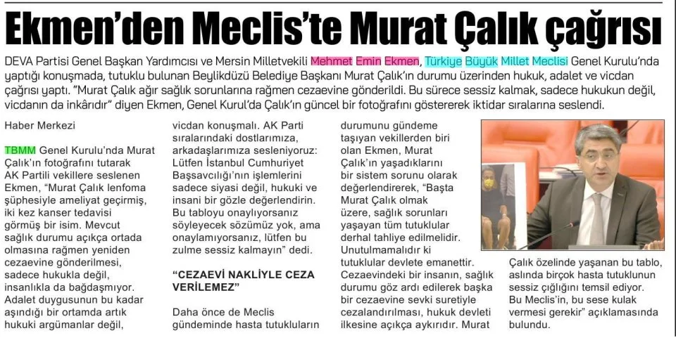 EKMENDEN MECLİSLE MURAT ÇALIK ÇAĞRISI — gazete kupürü