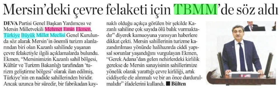 MERSİN'DEKİ ÇEVRE FELAKETİ İÇİN TBMM'DE SÖZ ALDI — gazete kupürü