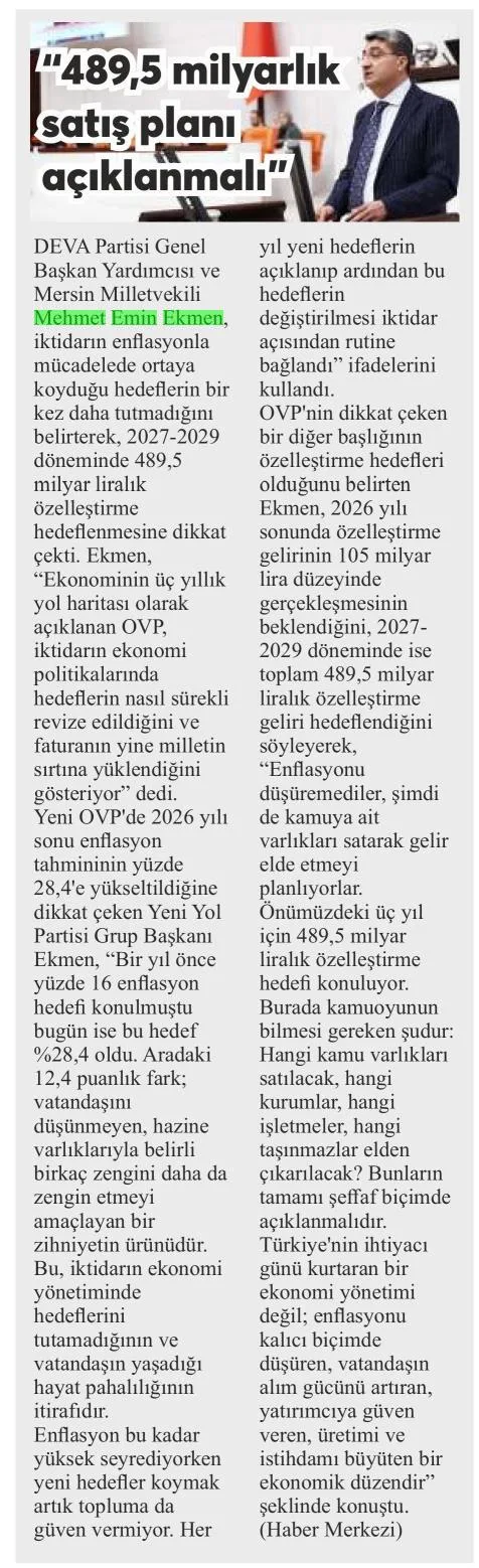 489,5 MİLYAR LİRALIK ÖZELLEŞTİRME HEDEFİNE TEPKİ — gazete kupürü (2. parça)