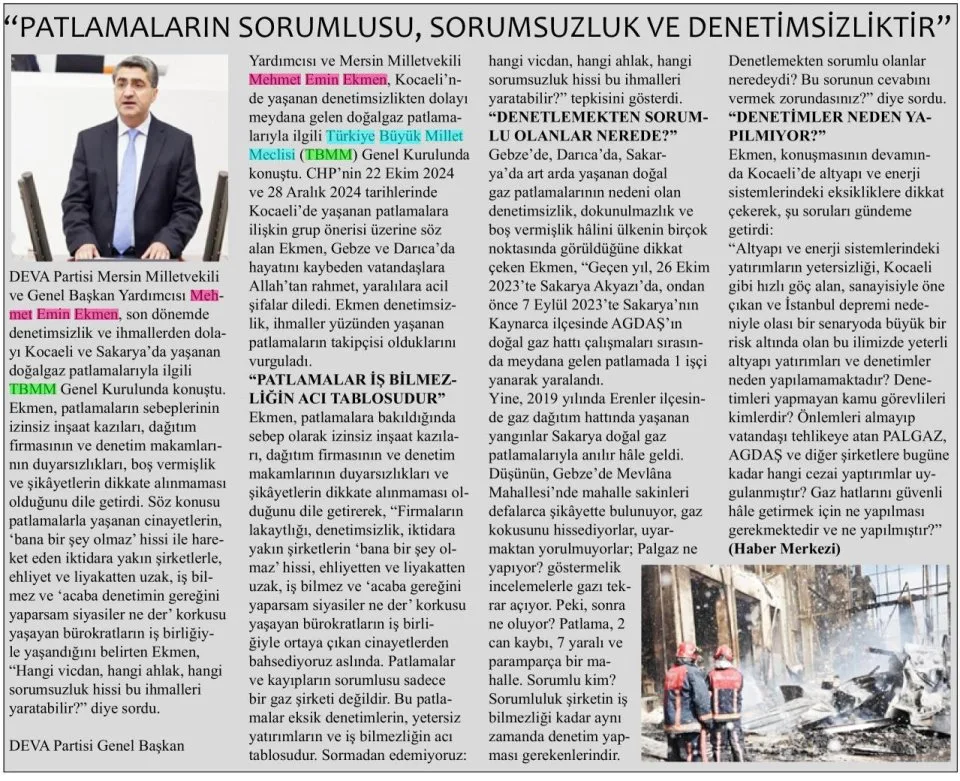 "PATLAMALARIN SORUMLUSU, SORUMSUZLUK VE DENETİMSİZLİKTİR" — gazete kupürü
