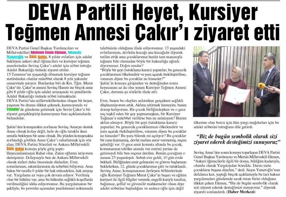 DEVA PARTİLİ HEYET, KURSİYER TEĞMEN ANNESİ ÇAKIRI ZİYARET ETTİ — gazete kupürü