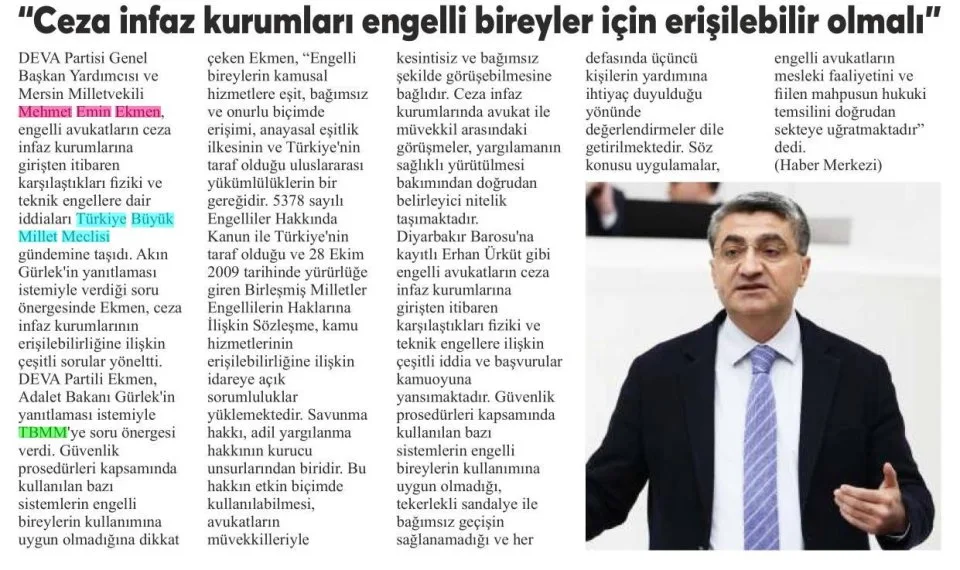 "CEZA İNFAZ KURUMLARI ENGELLİ BİREYLER İÇİN ERİŞİLEBİLİR OLMALI — gazete kupürü