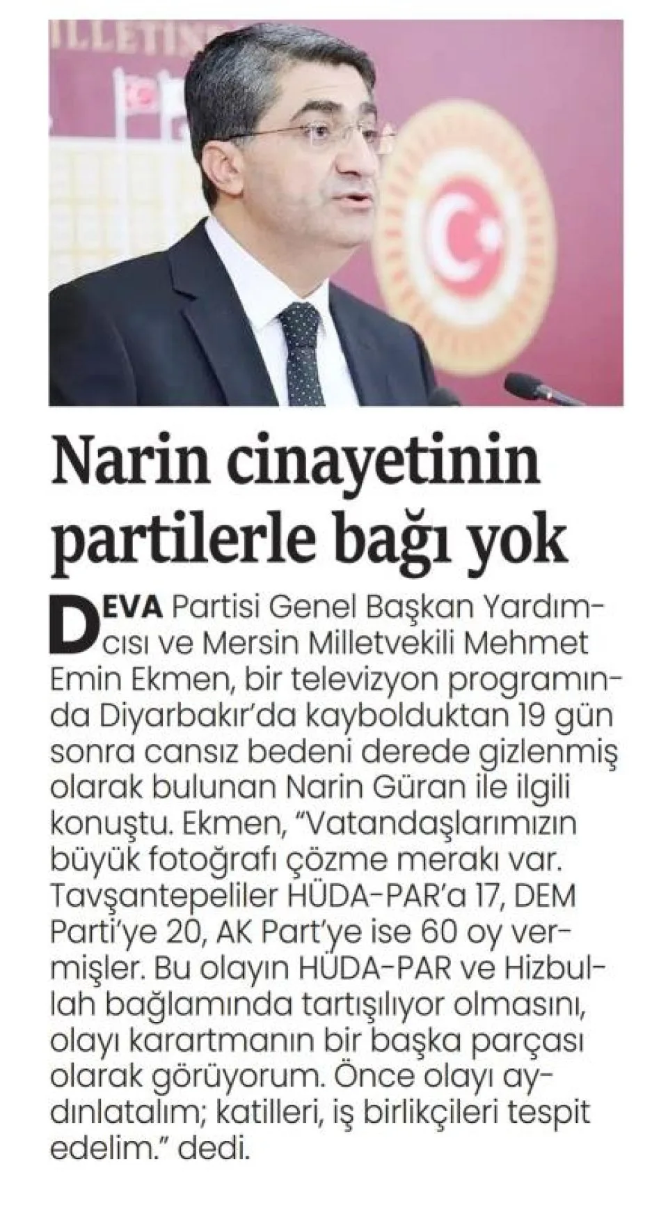 NARİN CİNAYETİNİN PARTİLERLE BAĞI YOK — gazete kupürü