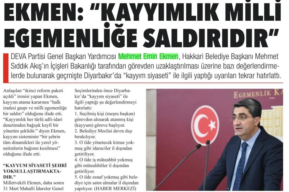 EKMEN KAYYIMLIK MİLLİ EGEMENLİĞE SALDIRIDIR" — gazete kupürü