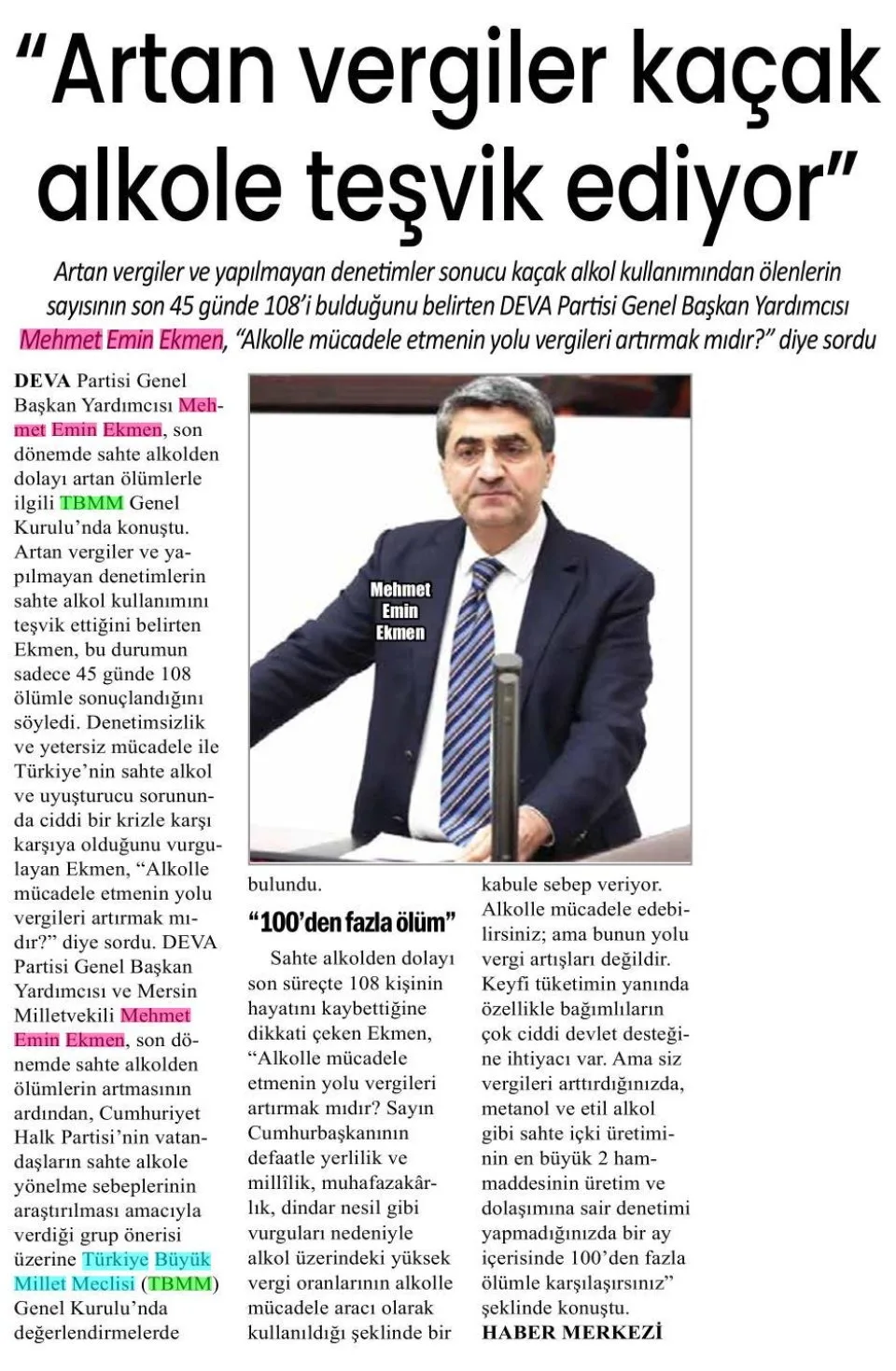 "ARTAN VERGİLER KAÇAK ALKOLE TEŞVİK EDİYOR" — gazete kupürü