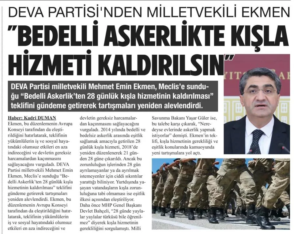 DEVA PARTISİ'NDEN MİLLETVEKİLİ EKMEN — gazete kupürü