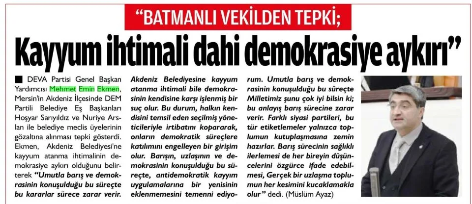 KAYYUM İHTİMALİ DAHİ DEMOKRASİYE AYKIRI — gazete kupürü