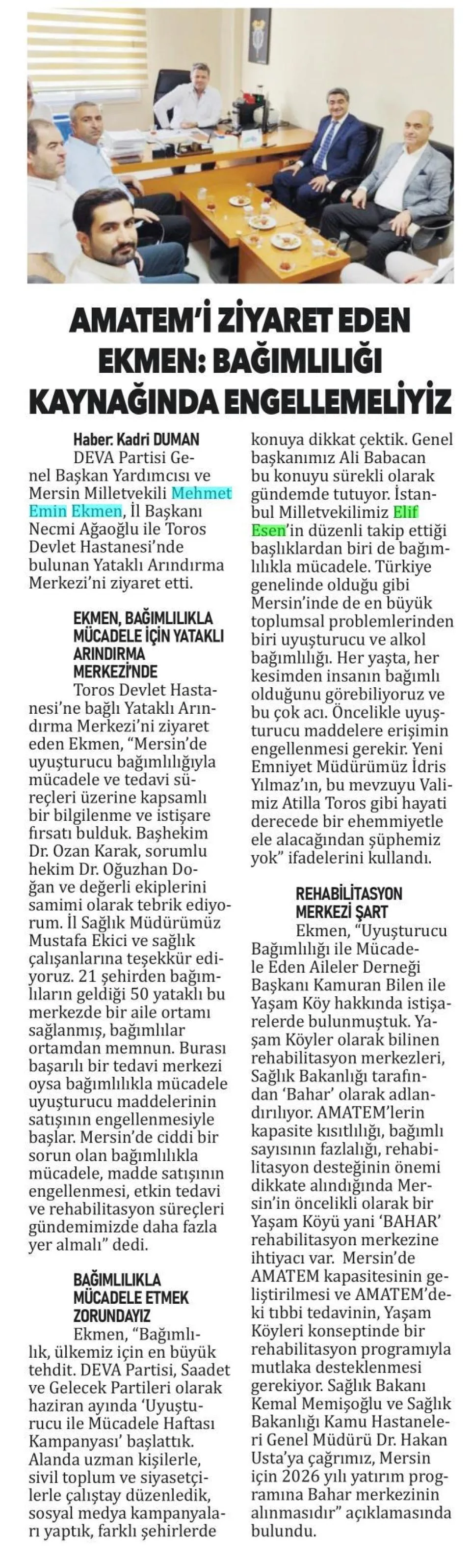 AMATEM'I ZİYARET EDEN EKMEN — gazete kupürü