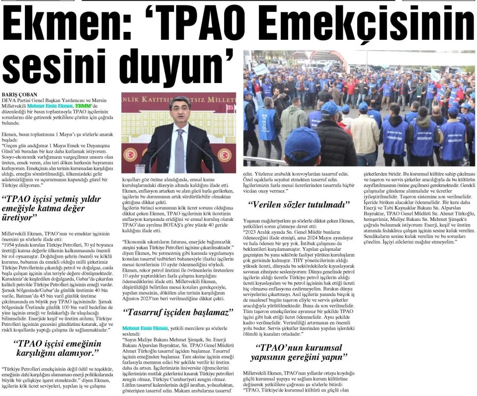EKMEN: 'TPAO EMEKÇİSİNİN SESİNİ DUYUN' — gazete kupürü