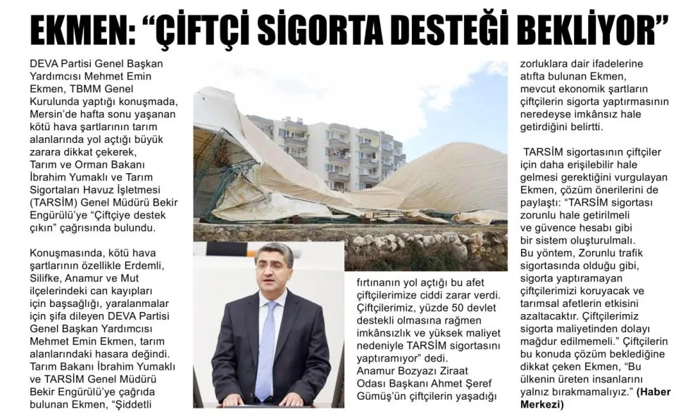 EKMEN: "ÇİFTÇİ SİGORTA DESTEĞİ BEKLİYOR" — gazete kupürü