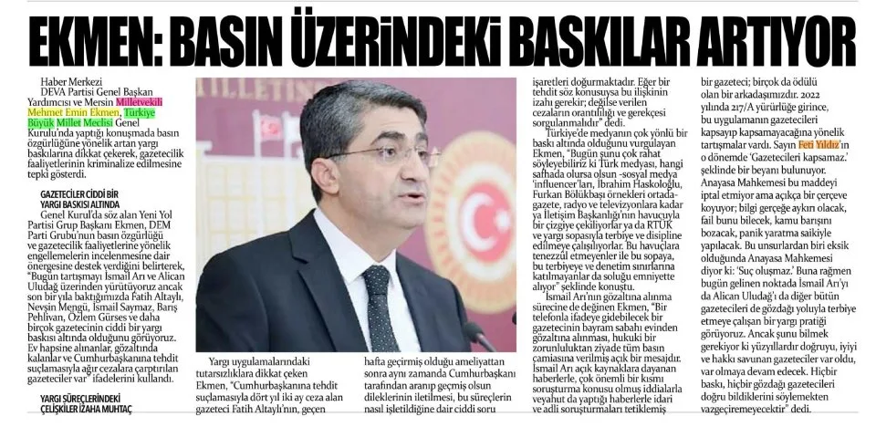 EKMEN: BASIN ÜZERİNDEKİ BASKILAR ARTIYOR — gazete kupürü