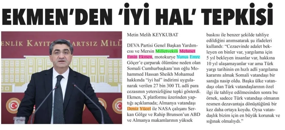 EKMENDEN İYİ HAL TEPKİSİ — gazete kupürü