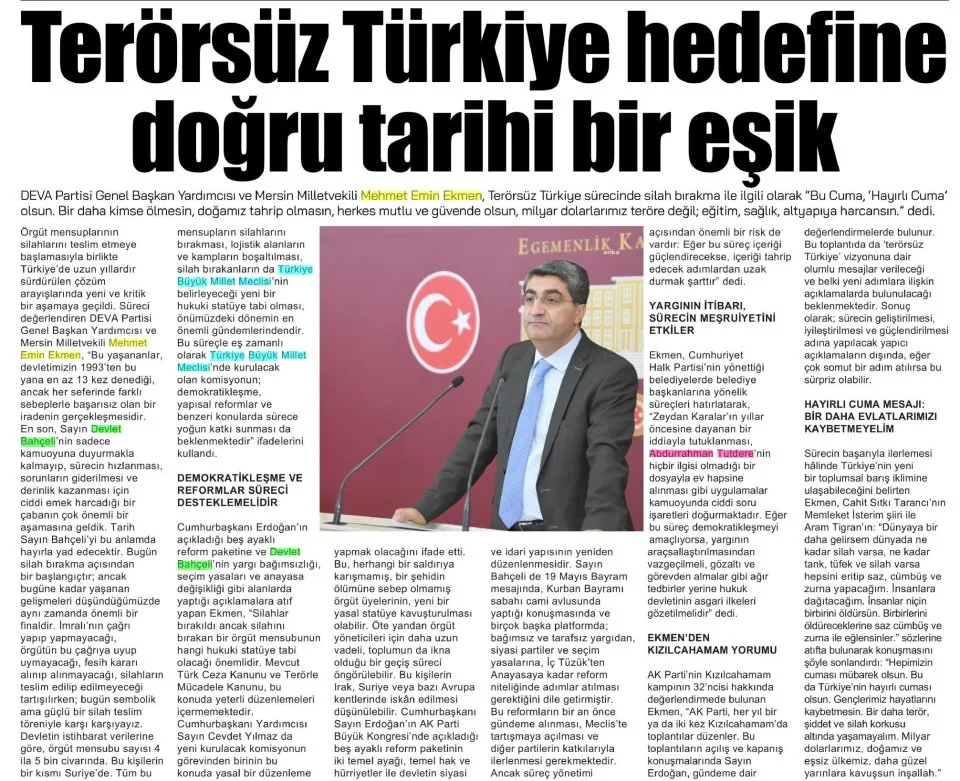 EKMEN : TERÖRSÜZ TÜRKİYE HEDEFİNE DOĞRU TARİHİ BİR EŞİK — gazete kupürü