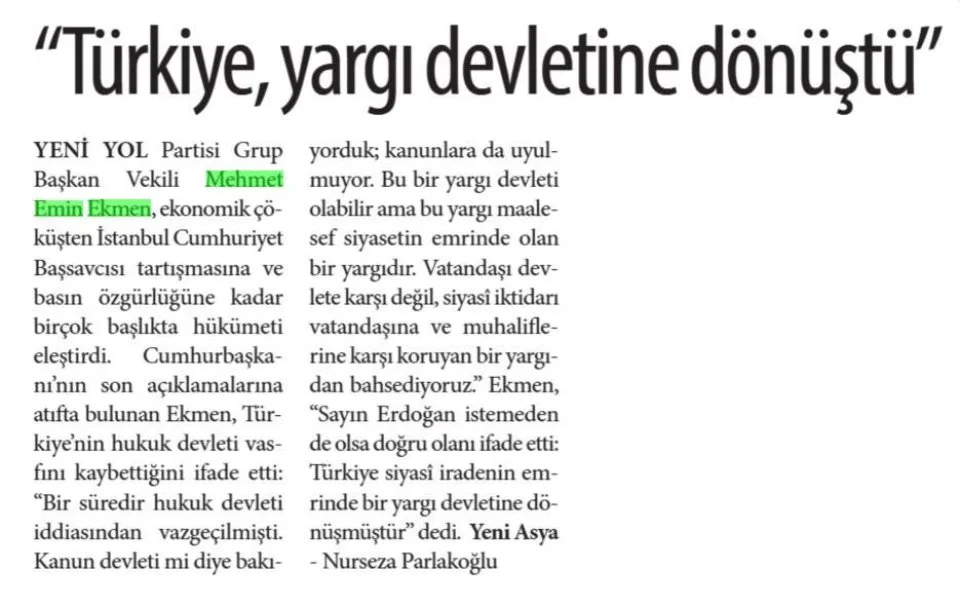 "TÜRKİYE, YARGI DEVLETİNE DÖNÜŞTÜ" — gazete kupürü