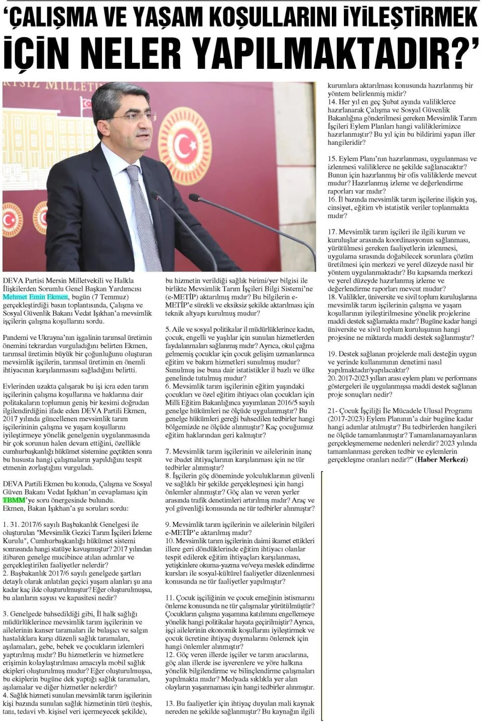 ÇALIŞMA VE YASAM KOŞULLARINI İYİLEŞTİRMEK İÇİN NELER YAPILMAKTADIR — gazete kupürü