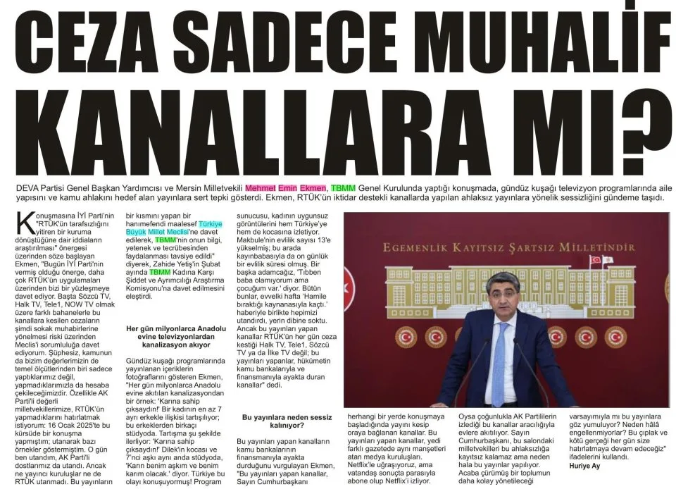 CEZA SADECE MUHALİF KANALLARA MI ? — gazete kupürü